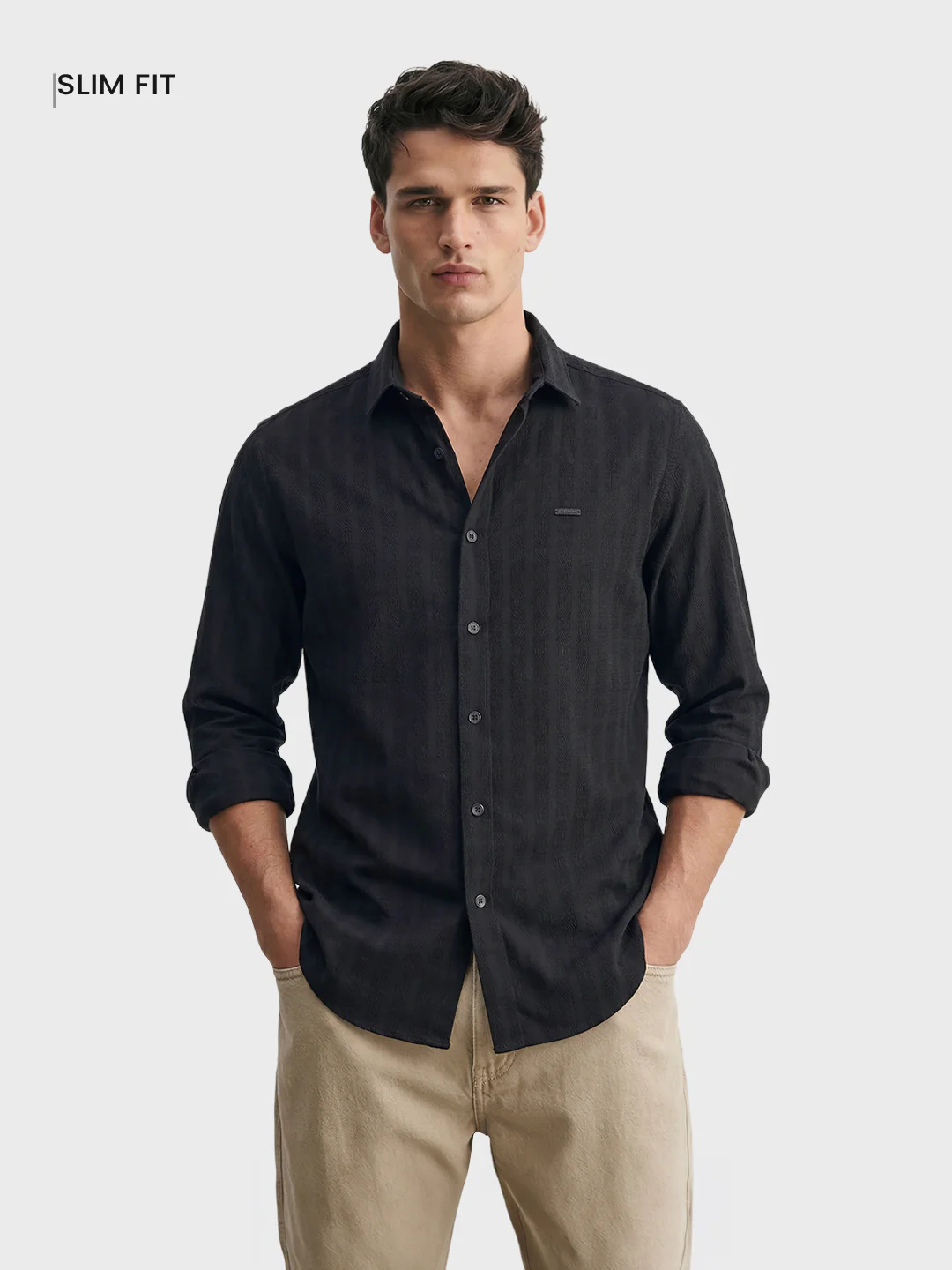 Men's Black Slim Fit Solid Casual Shirt - Image 2