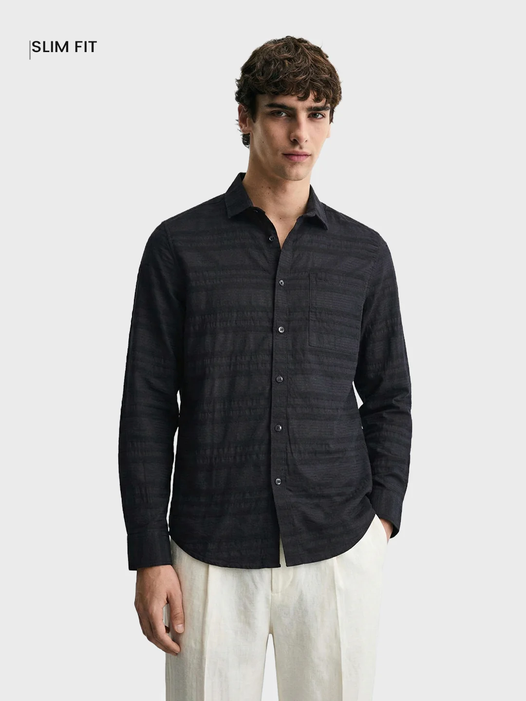 Men's Black Slim Fit Striped Casual Shirt - Image 2