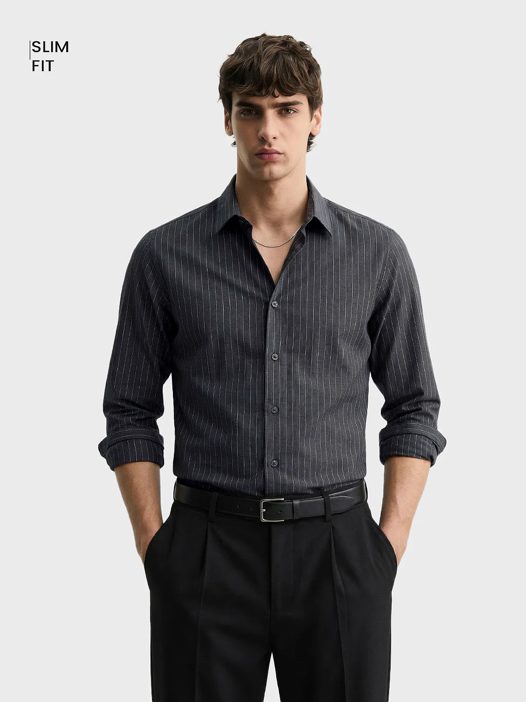 Men's Black Slim Fit Striped Casual Shirts - Image 2