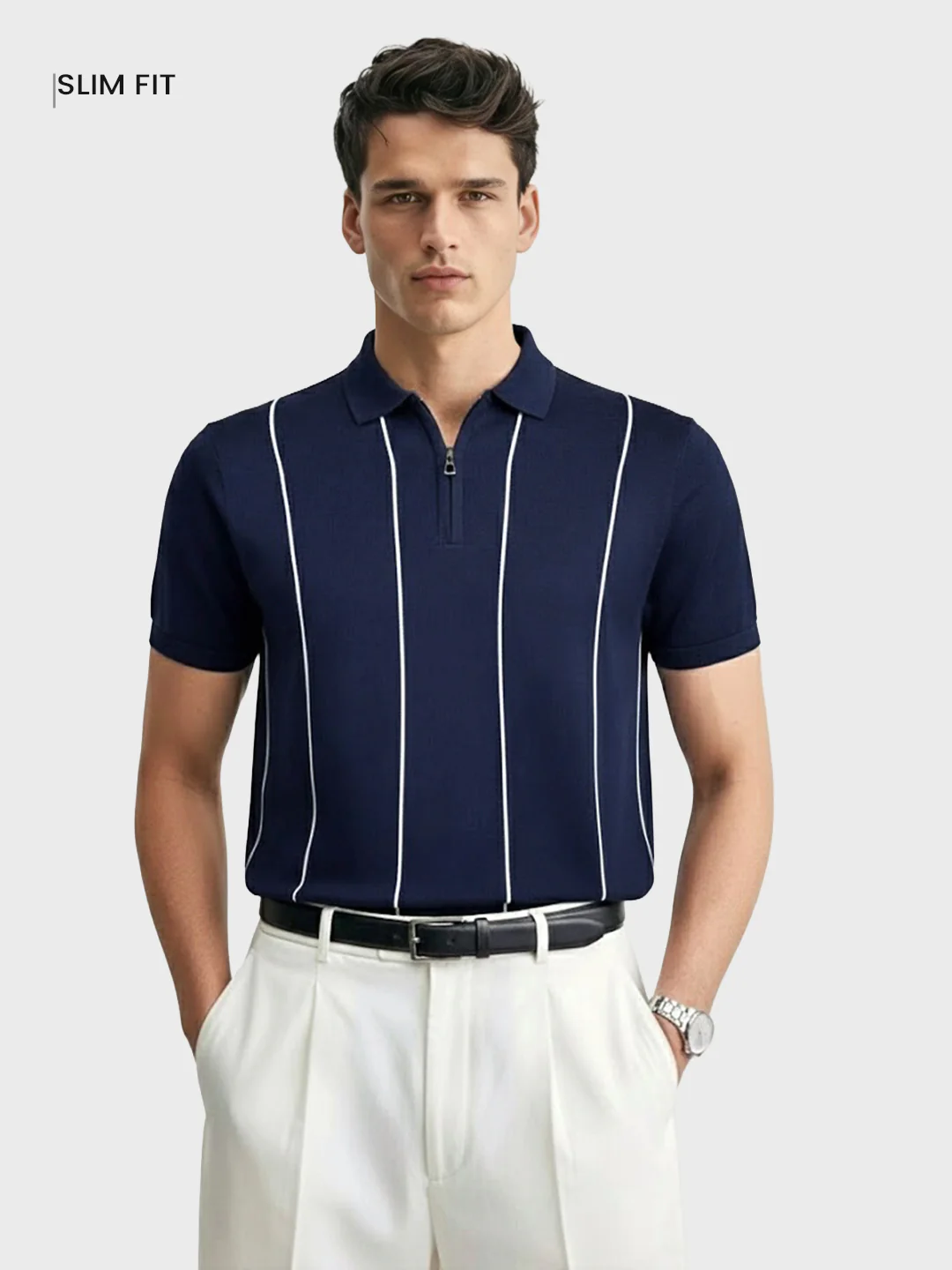 Men's Navy Blue Slim Fit Striped Flat Knit T-Shirt - Image 2