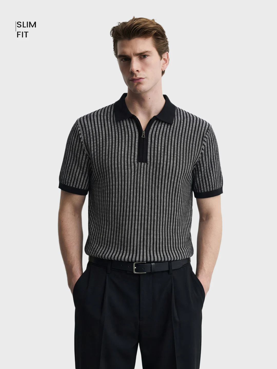 Men's Black Slim Fit Striped Casual T-Shirt - Image 2