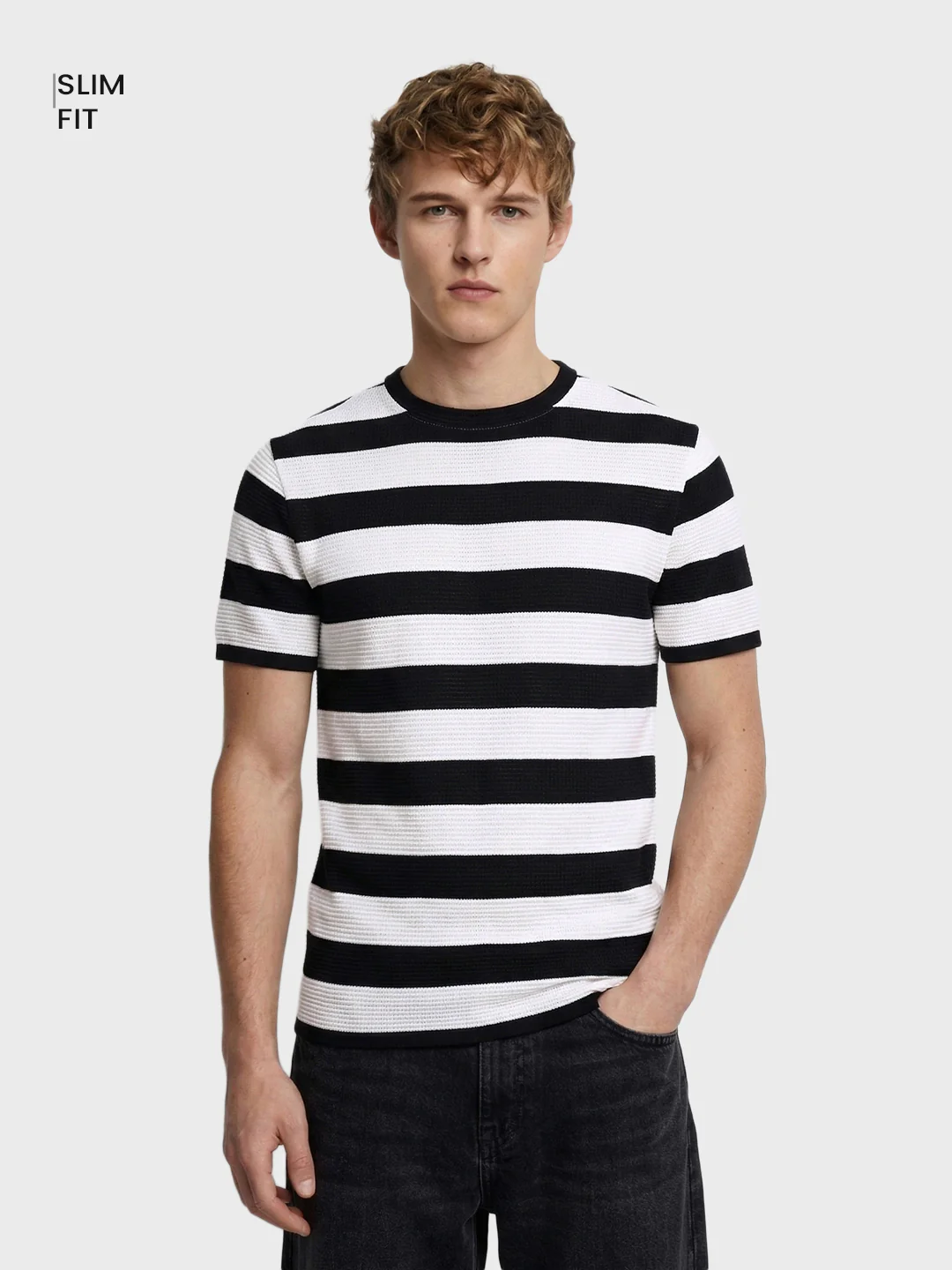 Men's Black Slim Fit Striped Casual T-Shirt - Image 2