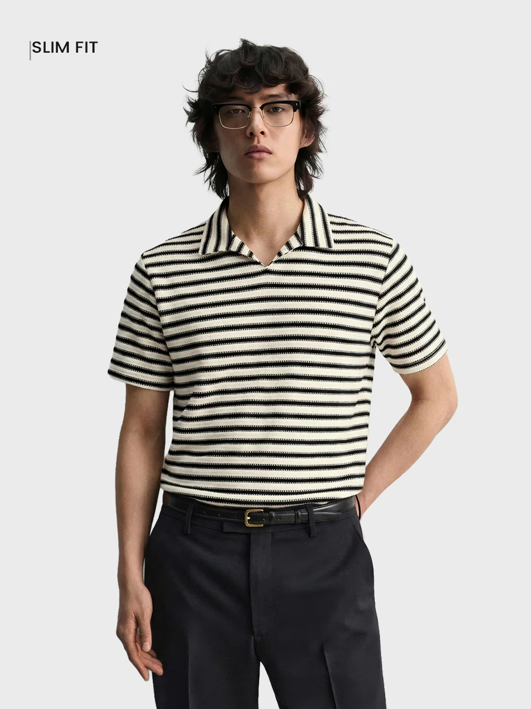 Men's Black Slim Fit Striped Casual T-Shirt - Image 2