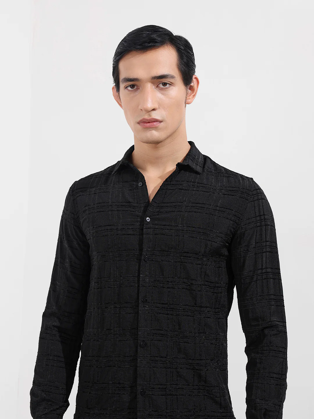 Men's Black Slim Fit Textured Party Wear Shirt - Image 5