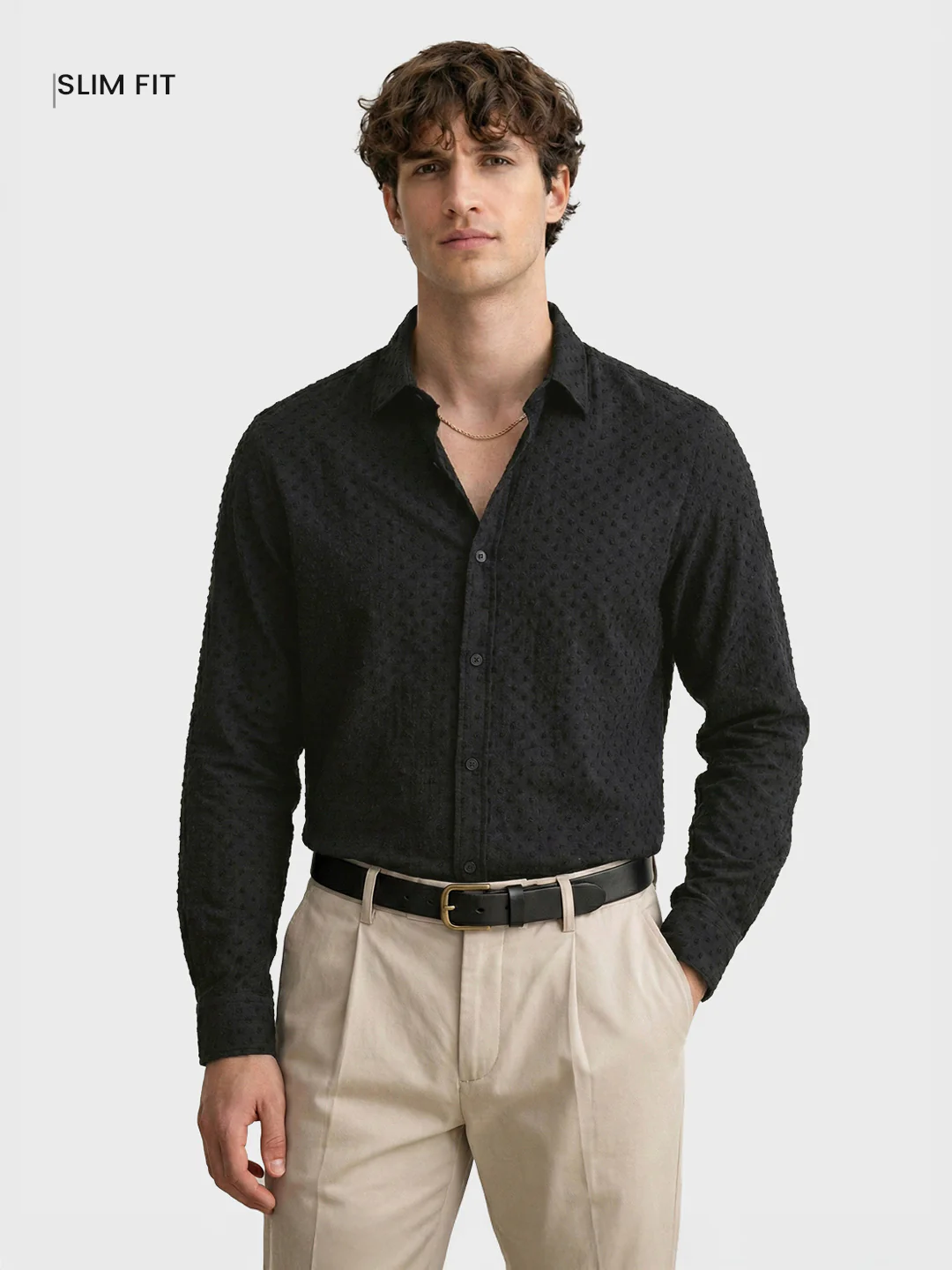 Men's Black Slim Fit Textured Party Wear Shirt - Image 2