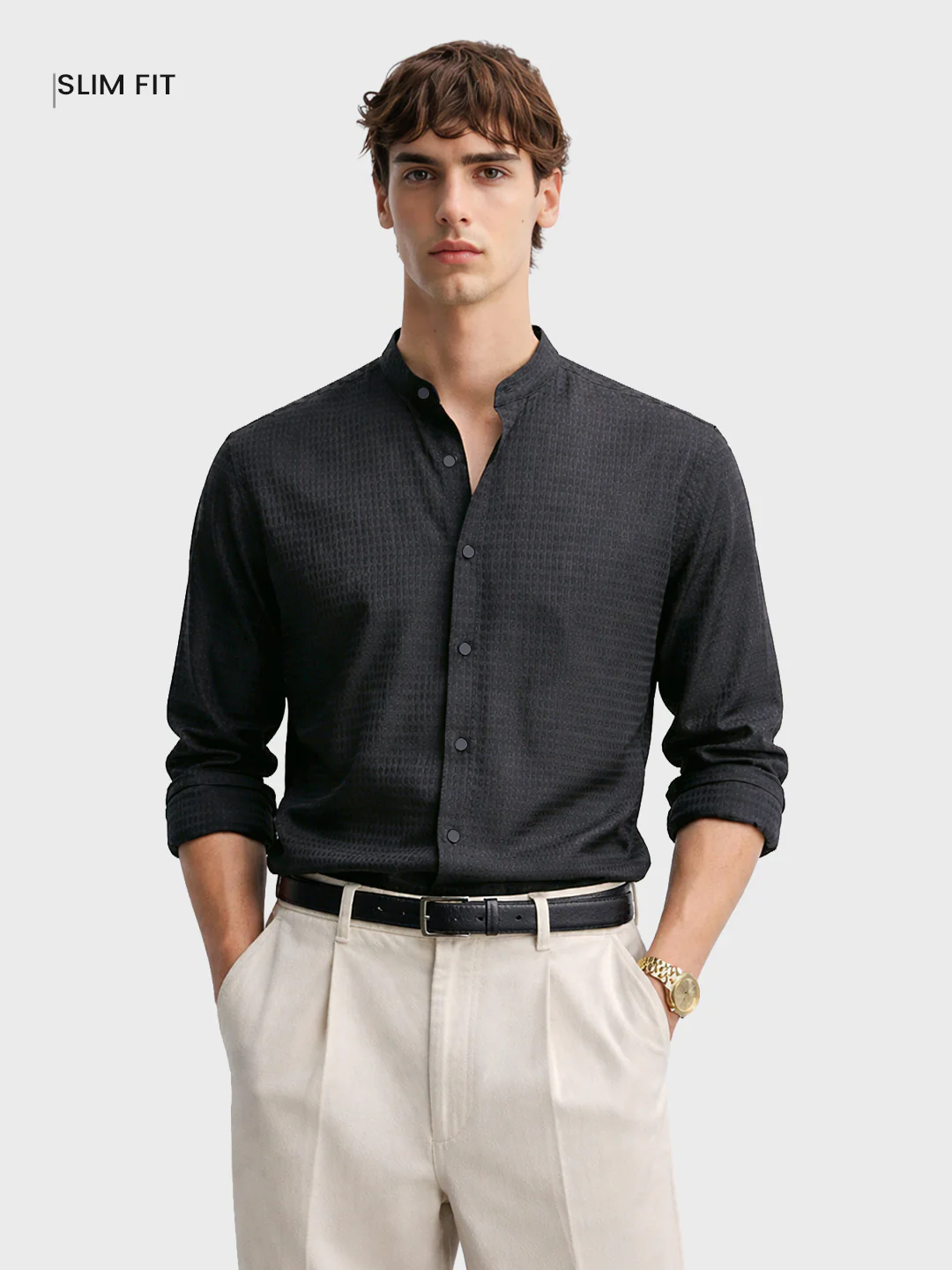 Men's Black Slim Fit Textured Party Wear Shirt - Image 2