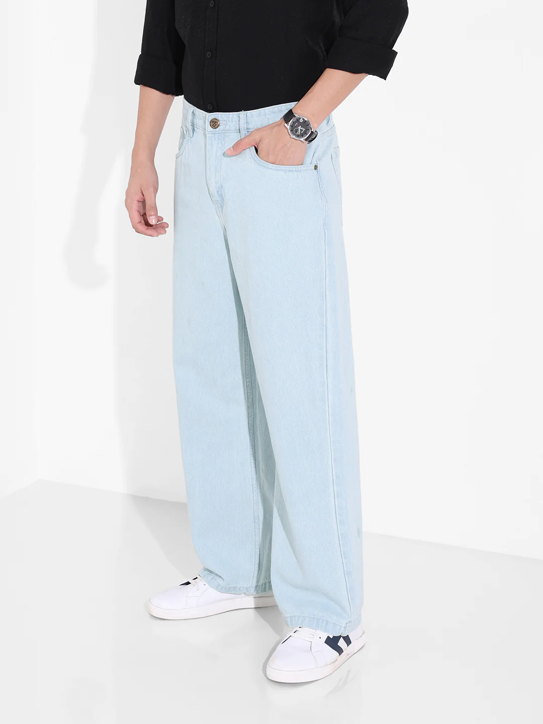 Men's Blue Baggy Fit Solid Casual Jeans - Image 3