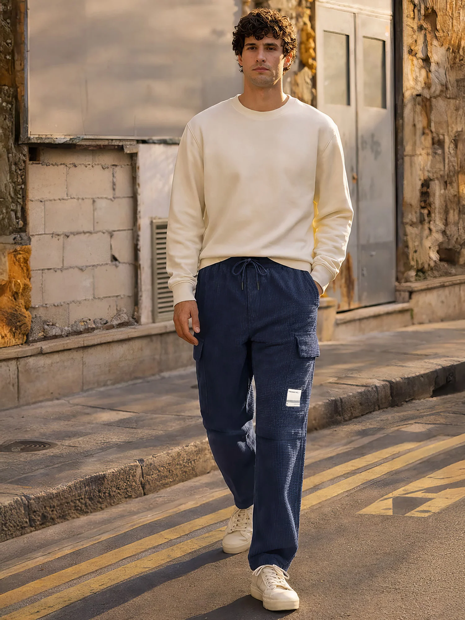 Men's Blue Baggy Fit Textured Utility Cargo - Image 4