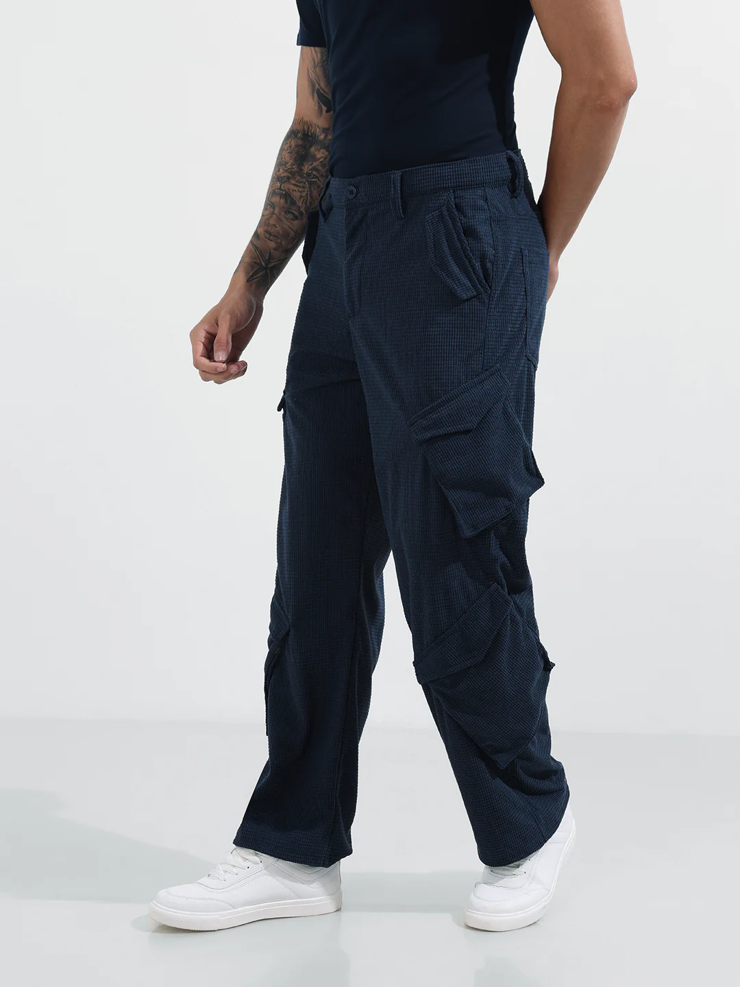 Men's Blue Baggy Fit Textured Utility Cargo - Image 3