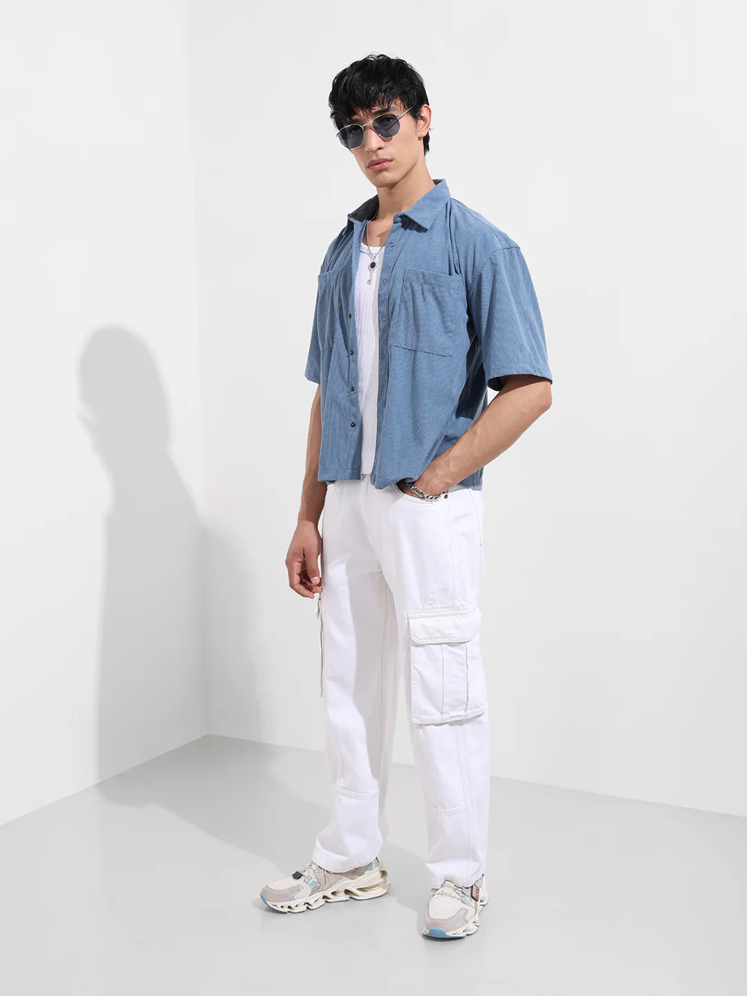 Men's Blue Boxy Fit Embroided Street Wear Shirt - Image 2