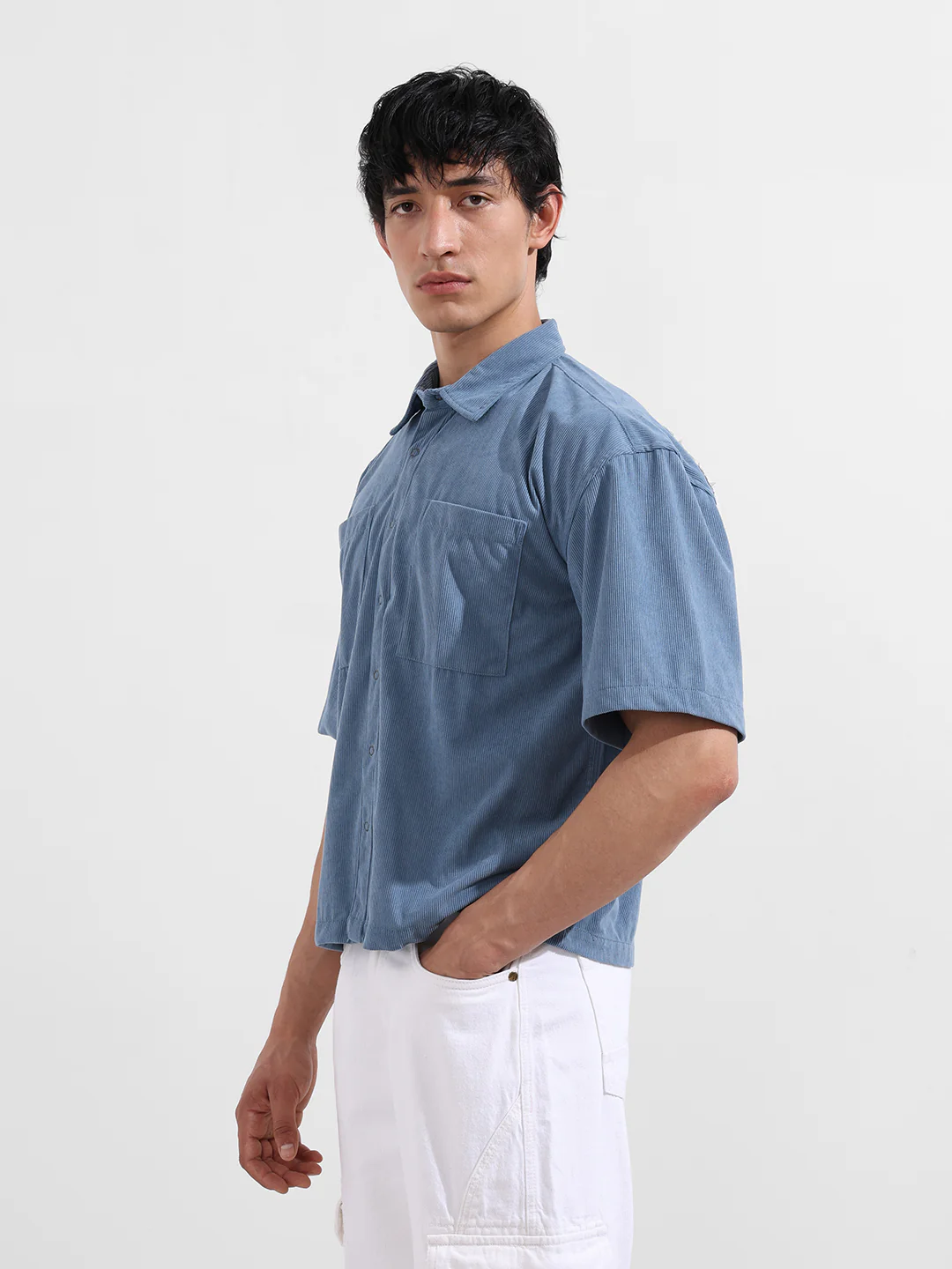 Men's Blue Boxy Fit Embroided Street Wear Shirt - Image 3