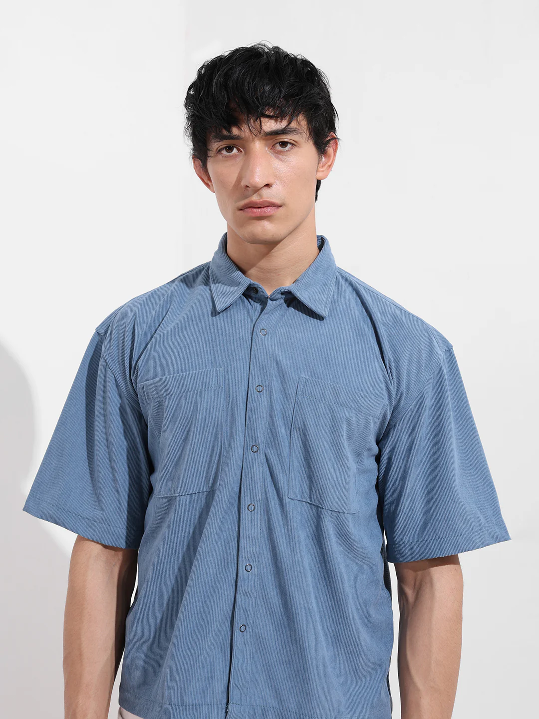 Men's Blue Boxy Fit Embroided Street Wear Shirt - Image 4