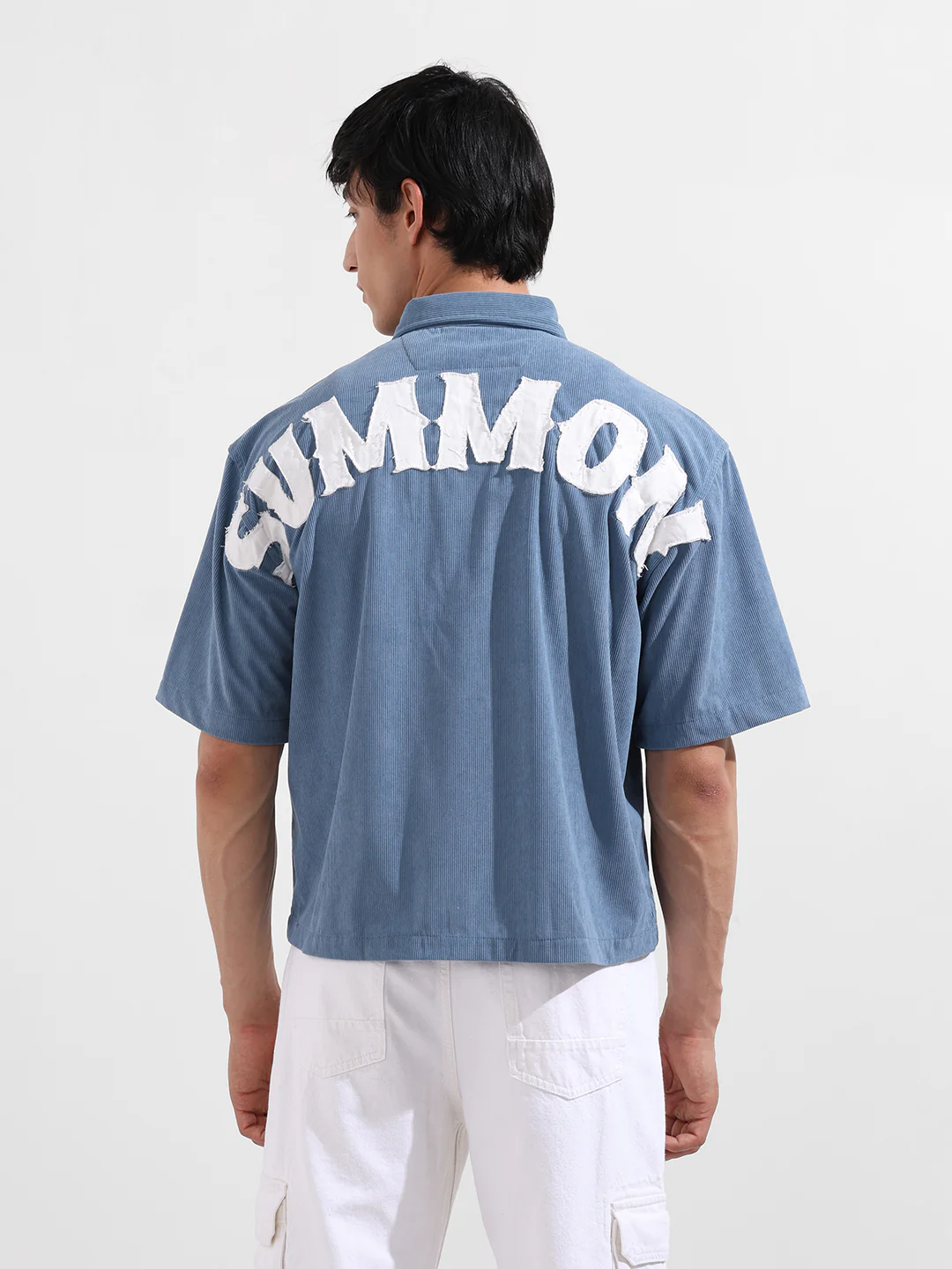 Men's Blue Boxy Fit Embroided Street Wear Shirt - Image 5
