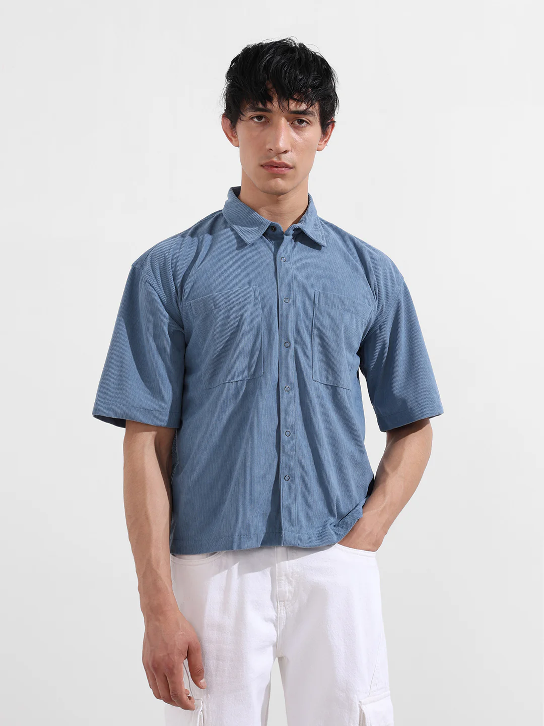 Men's Blue Boxy Fit Embroided Street Wear Shirt - Image 6