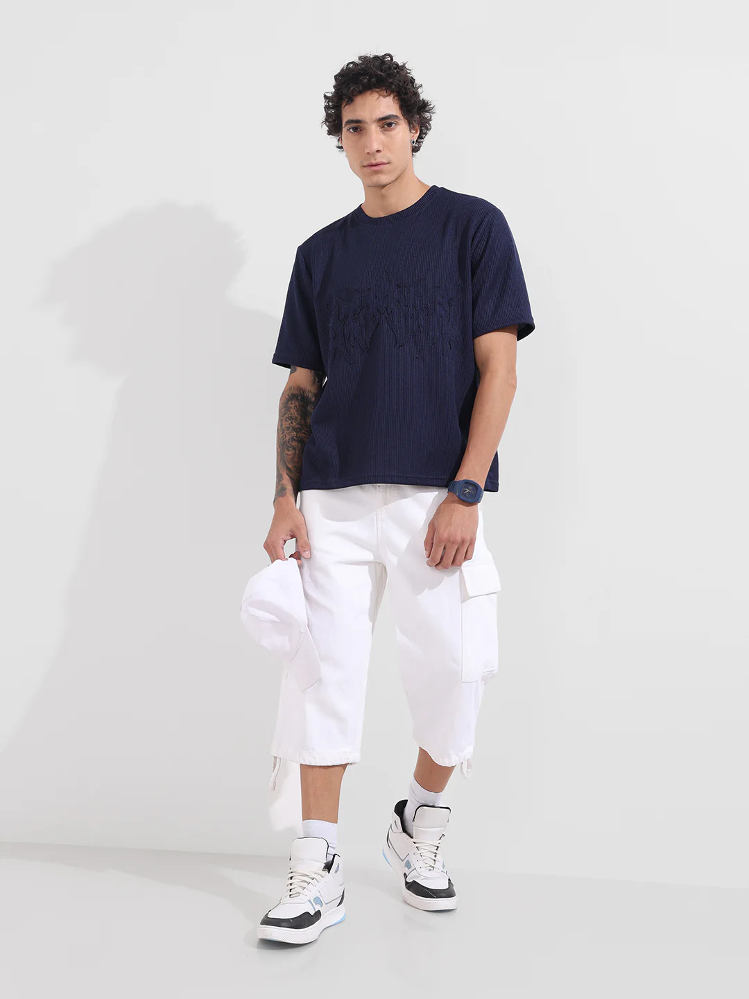 Men's Blue Boxy Fit Textured Casual T-Shirt - Image 2