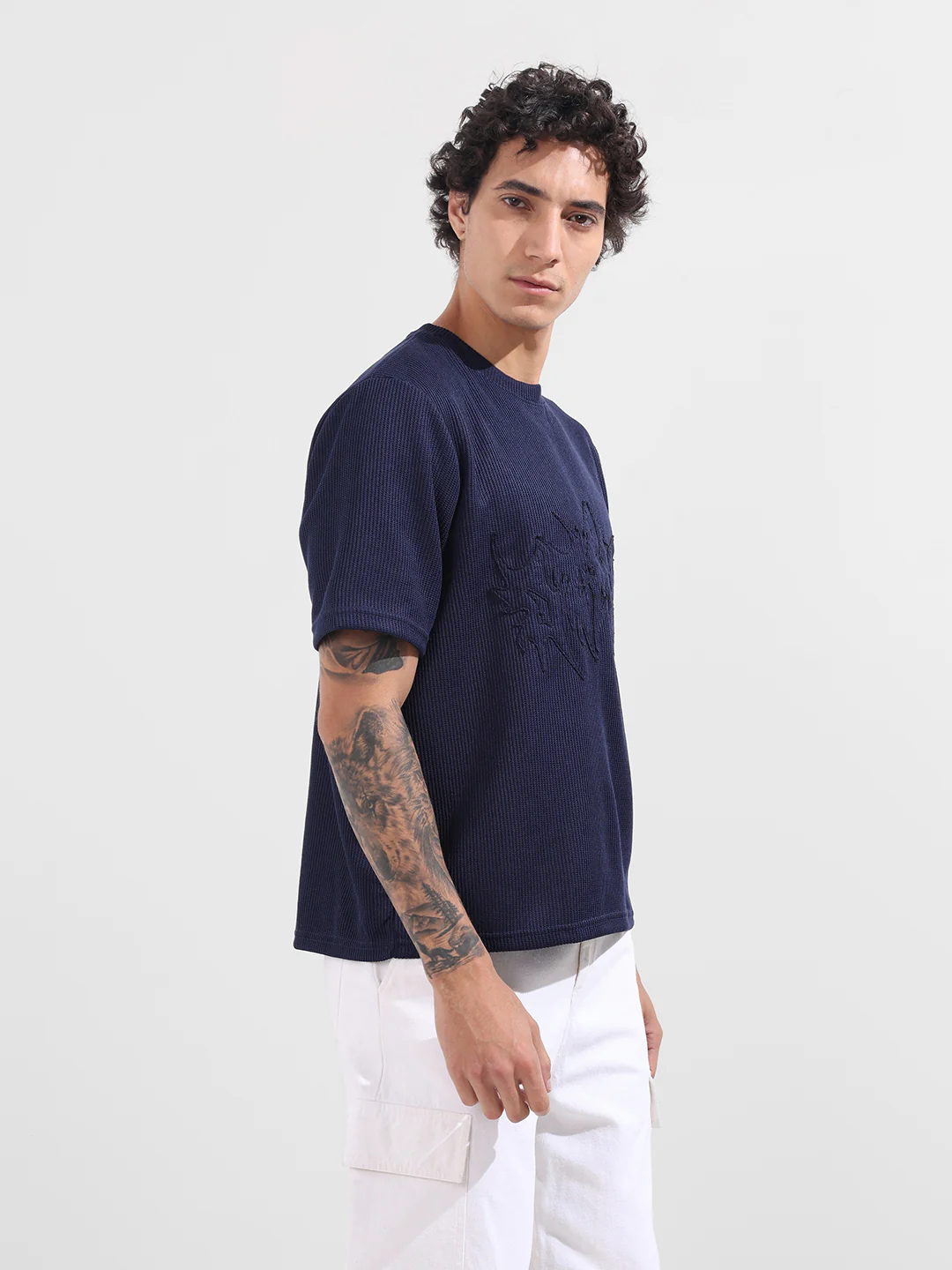 Men's Blue Boxy Fit Textured Casual T-Shirt - Image 3
