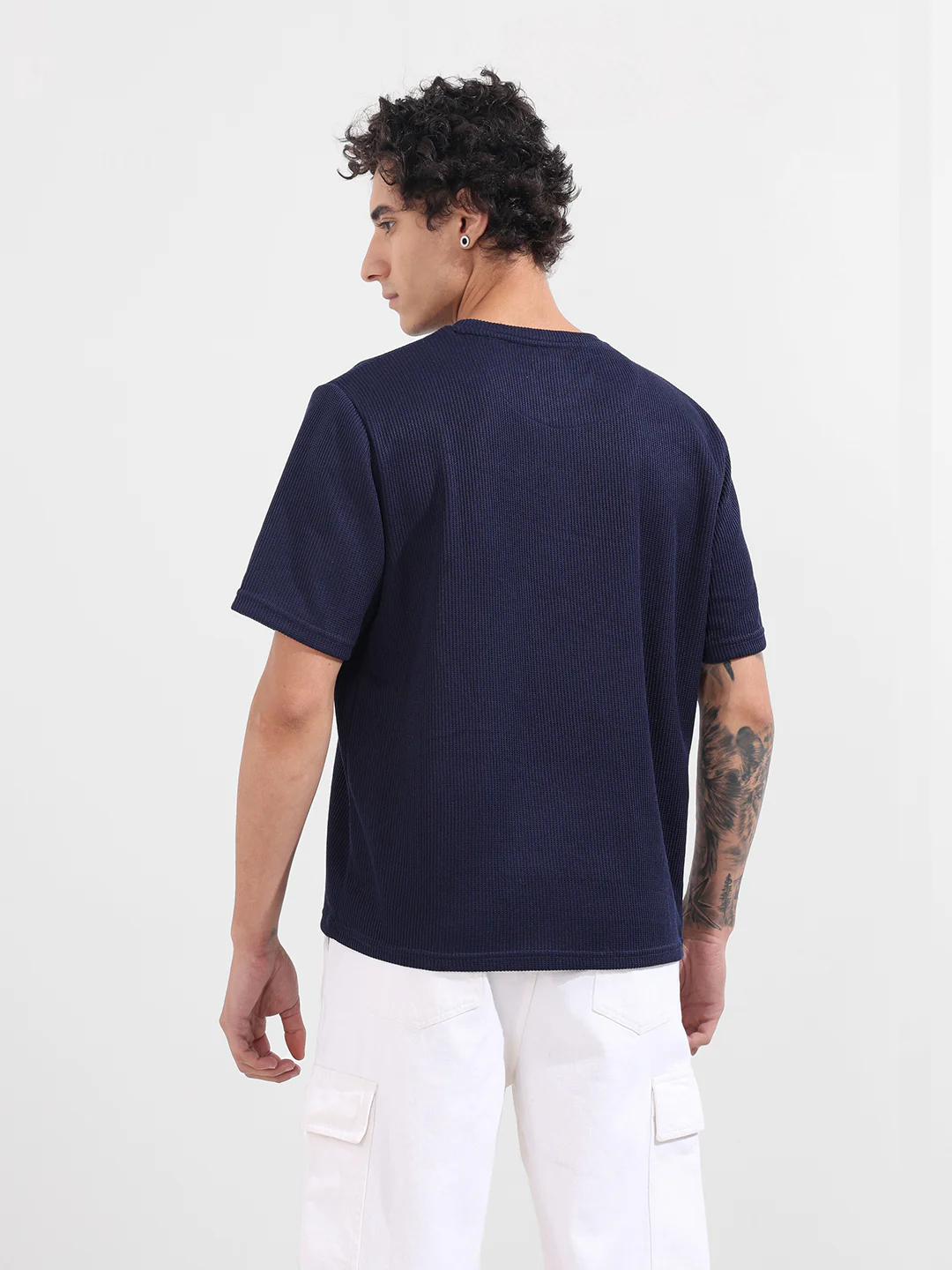 Men's Blue Boxy Fit Textured Casual T-Shirt - Image 5