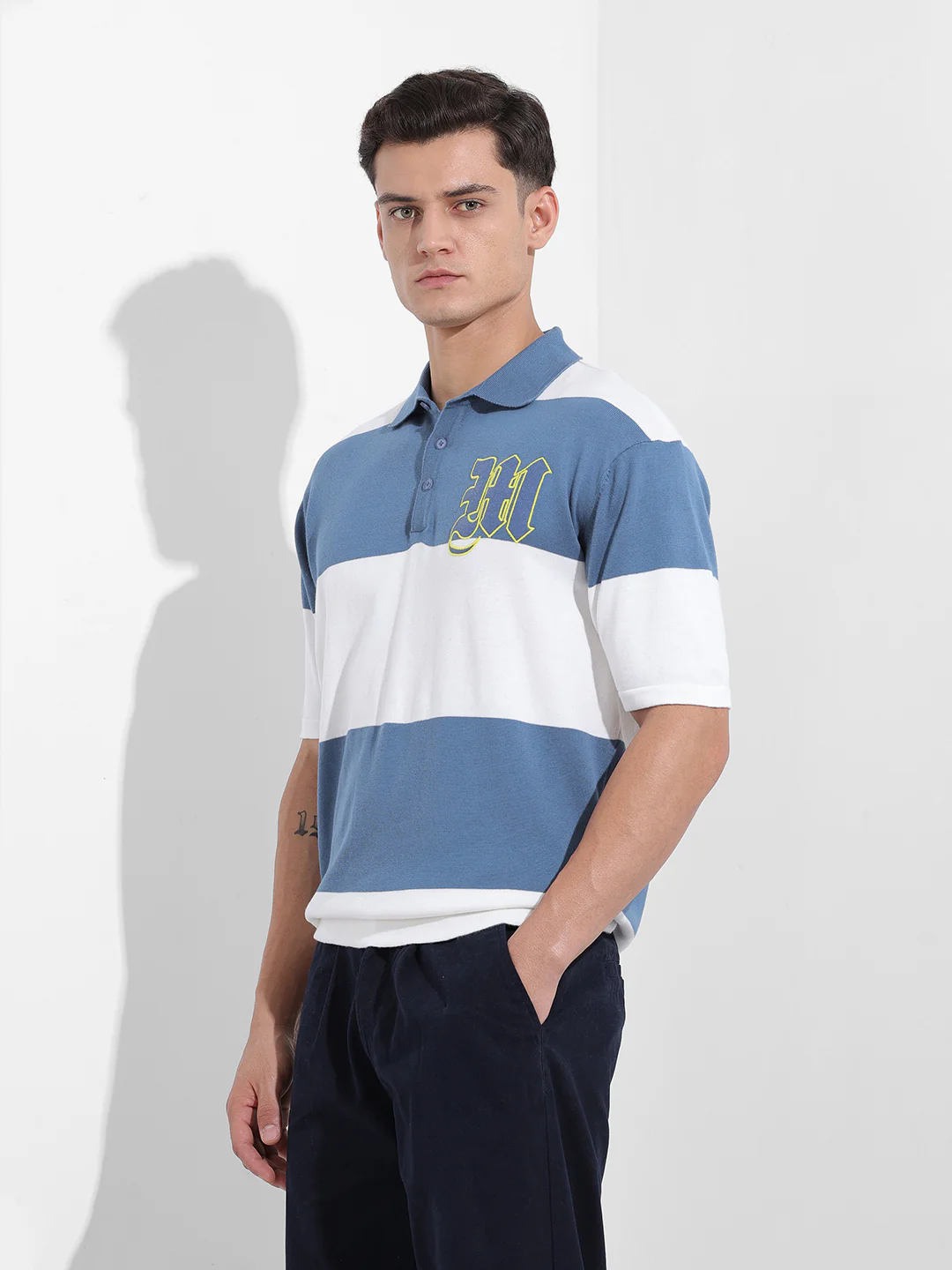 Men's Blue Oversized Fit Solid Flat Knit T-Shirt - Image 3