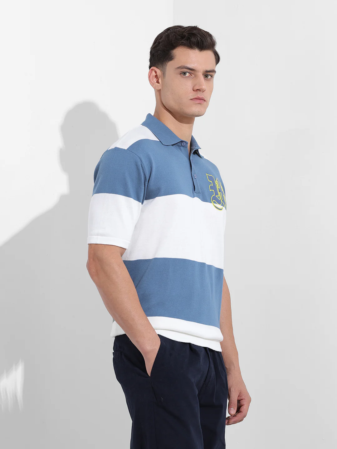 Men's Blue Oversized Fit Solid Flat Knit T-Shirt - Image 4