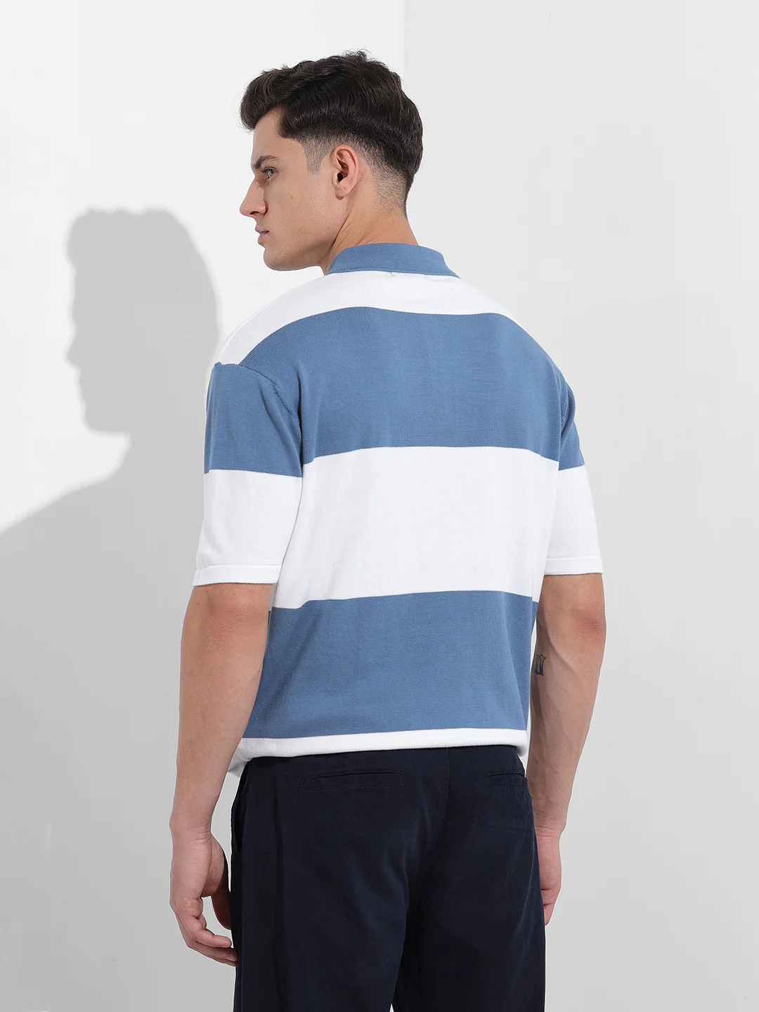 Men's Blue Oversized Fit Solid Flat Knit T-Shirt - Image 5