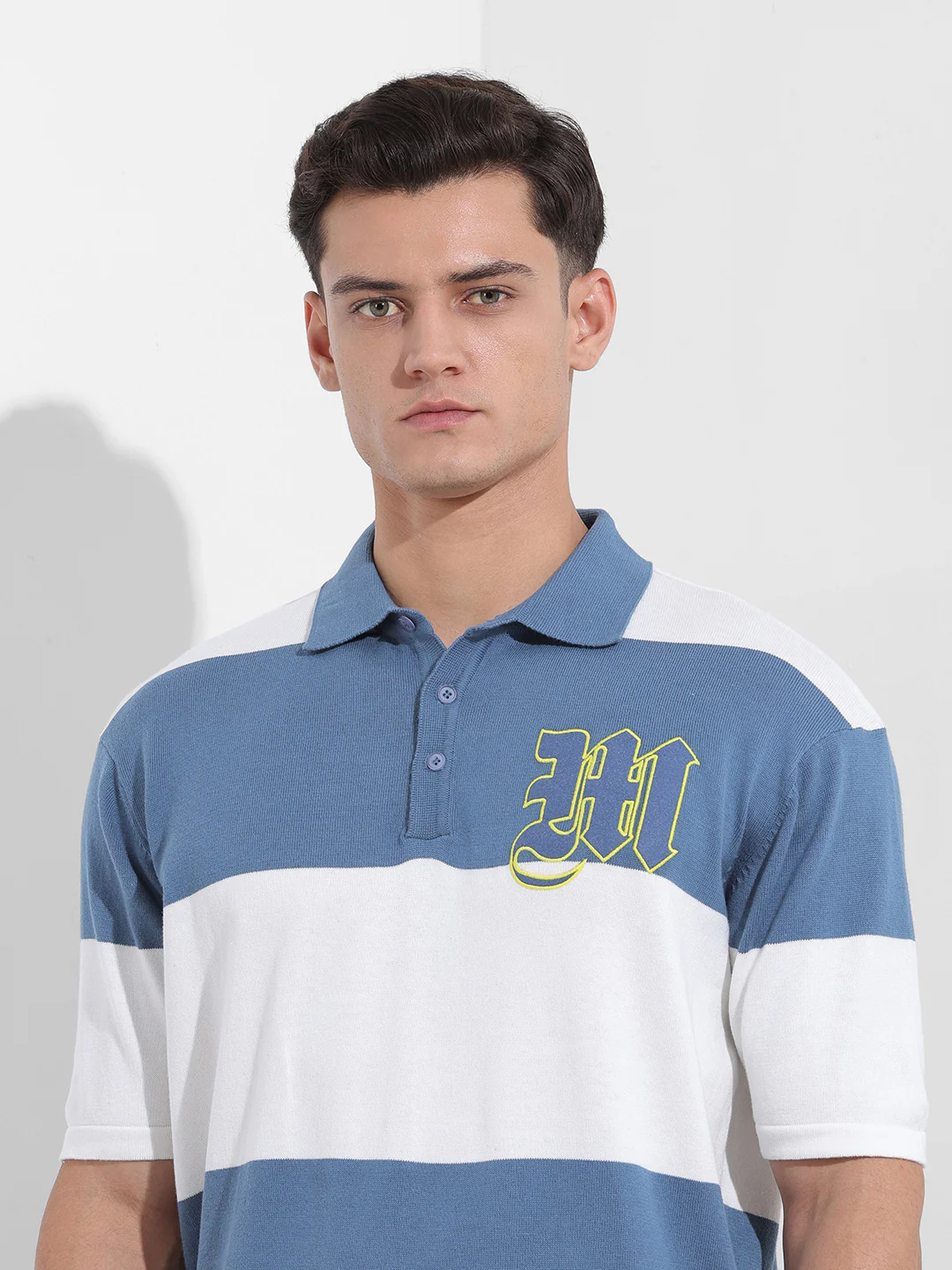 Men's Blue Oversized Fit Solid Flat Knit T-Shirt - Image 6