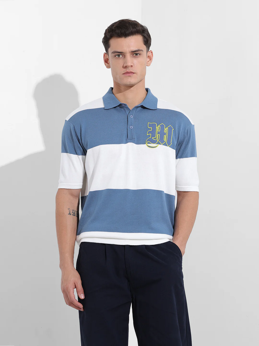 Men's Blue Oversized Fit Solid Flat Knit T-Shirt - Image 8