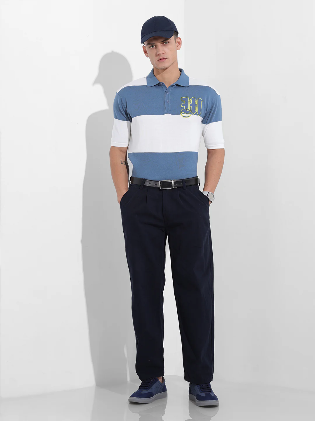 Men's Blue Oversized Fit Solid Flat Knit T-Shirt - Image 9