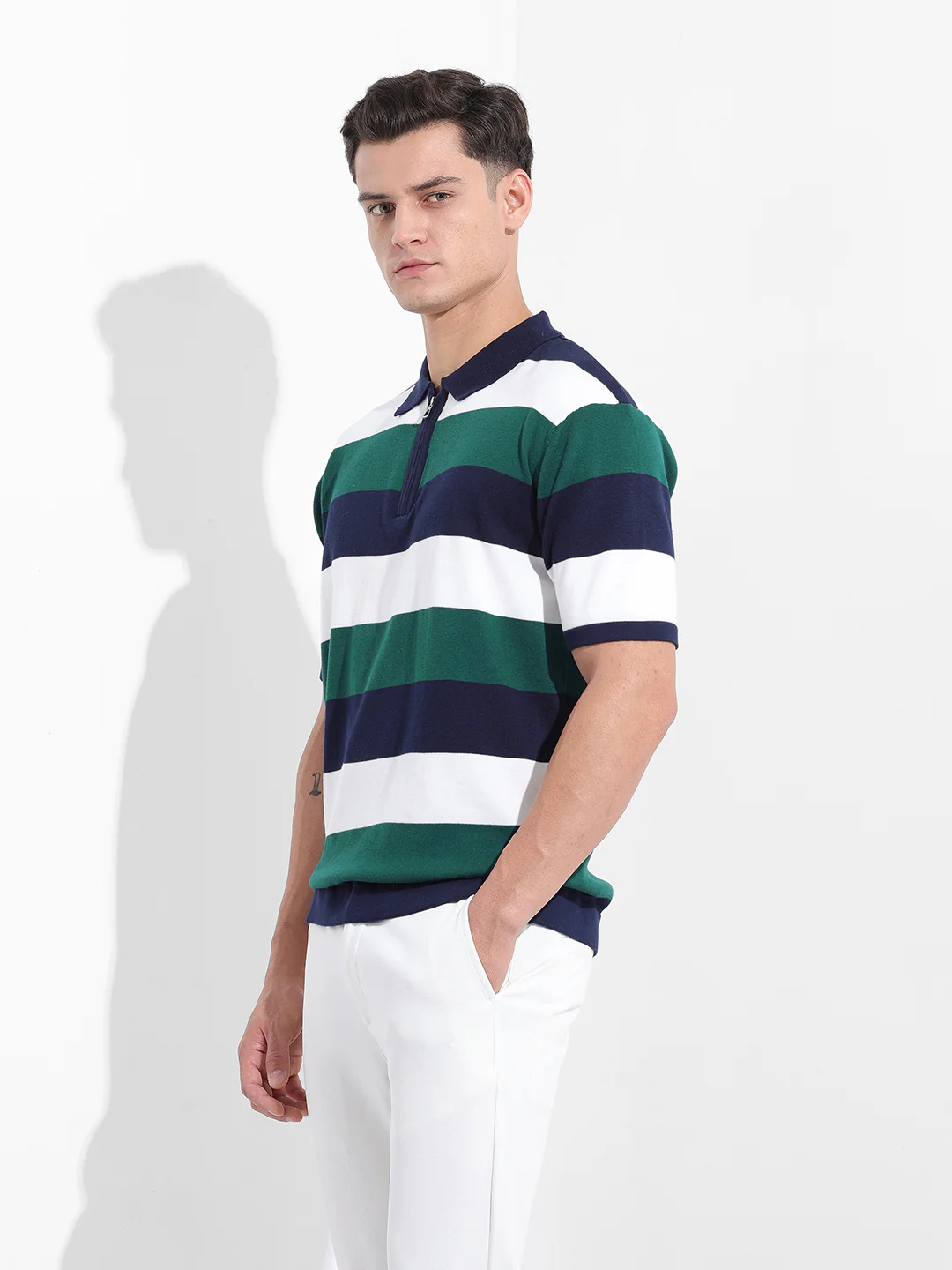 Men's Navy Blue Oversized Fit Textured Flat Knit T-Shirt - Image 2