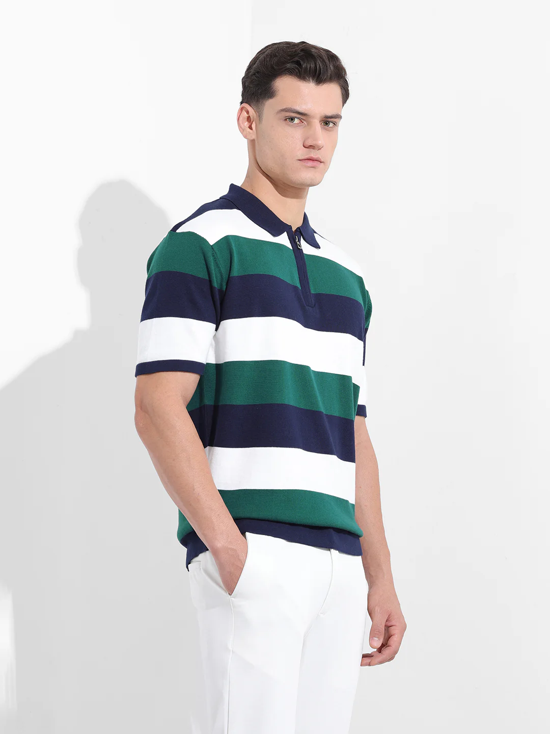 Men's Navy Blue Oversized Fit Textured Flat Knit T-Shirt - Image 3