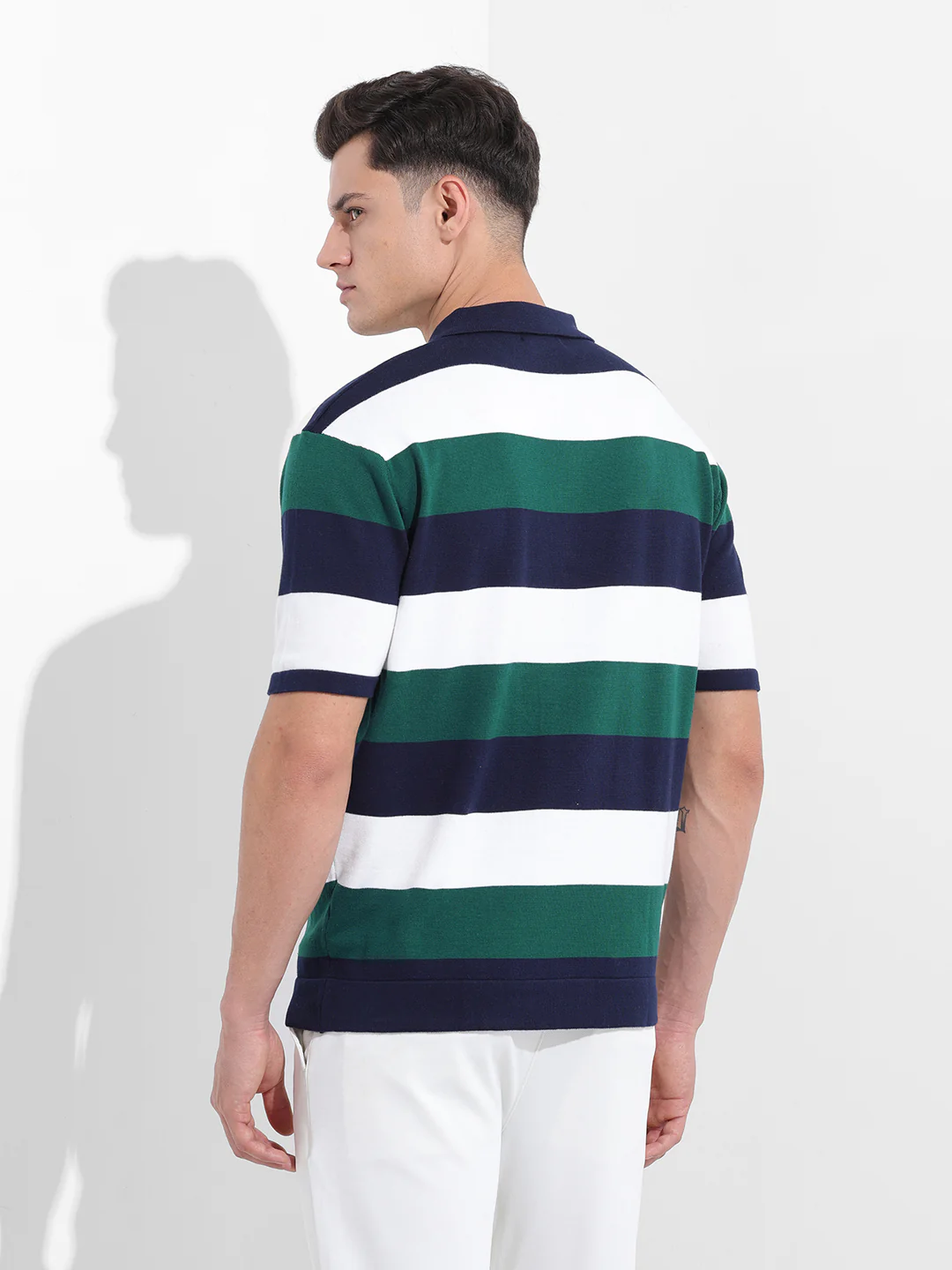 Men's Navy Blue Oversized Fit Textured Flat Knit T-Shirt - Image 4