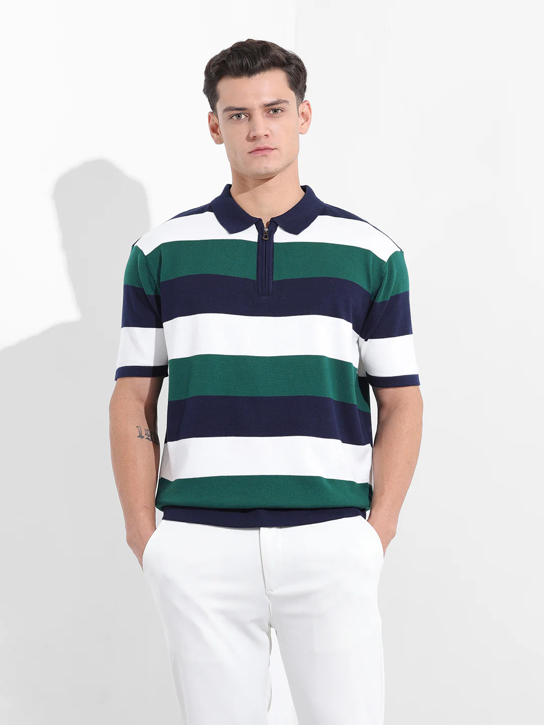Men's Navy Blue Oversized Fit Textured Flat Knit T-Shirt - Image 7