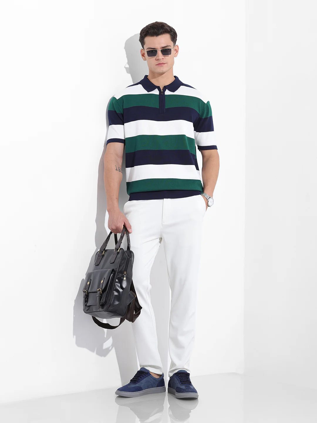 Men's Navy Blue Oversized Fit Textured Flat Knit T-Shirt - Image 8
