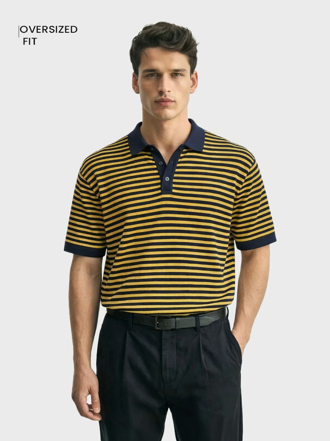 Men's Blue Oversized Fit Striped Flat Knit T-Shirt - Image 2