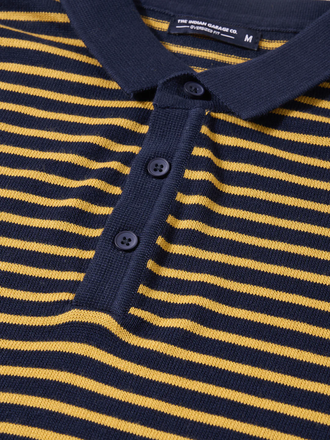 Men's Blue Oversized Fit Striped Flat Knit T-Shirt - Image 6