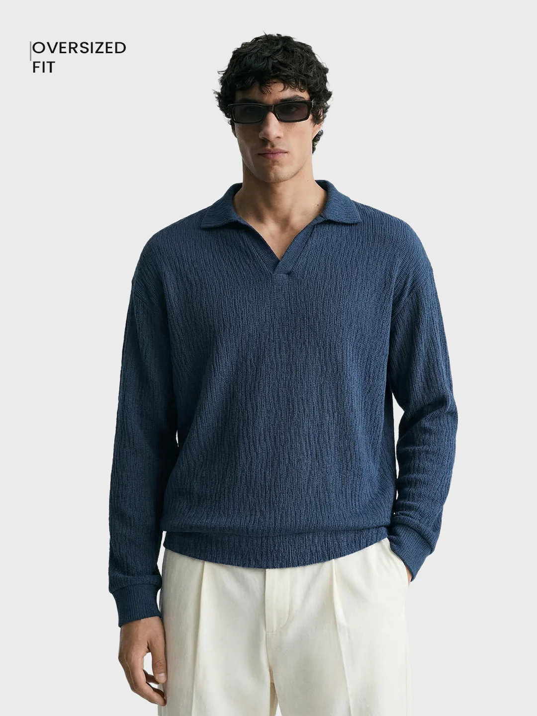 Men's Blue Oversized Fit Textured Casual T-Shirts - Image 2