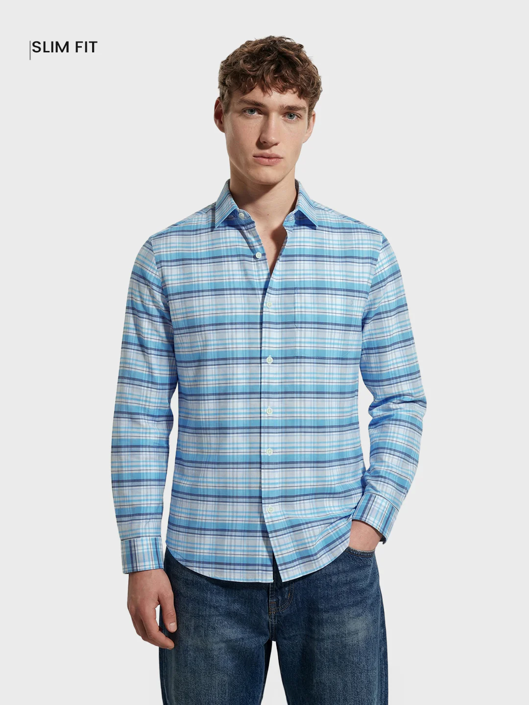 Men's Blue Regular Fit Checked Casual Shirt - Image 2