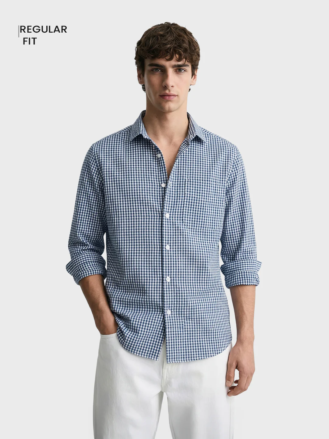 Men's Blue Regular Fit Checkered Casual Shirt - Image 2