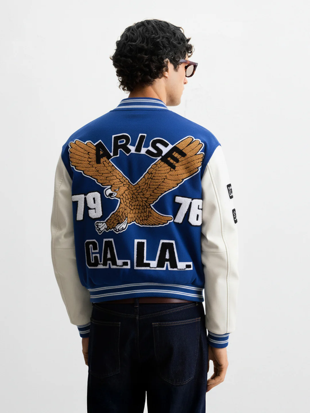 Men's Blue Regular Fit Embroided Casual Bomber Jacket - Image 2