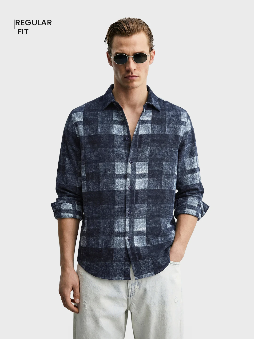 Men's Blue Regular Fit Checkered Casual Shirt - Image 2