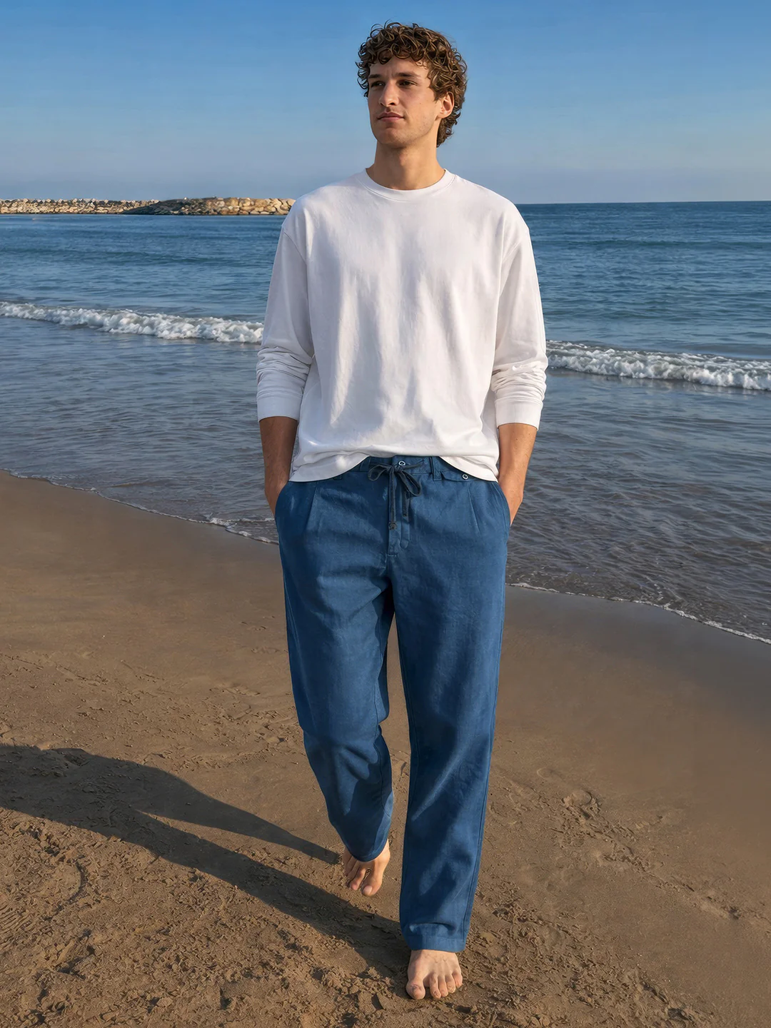 Men's Blue Regular Fit Solid Casual Trousers - Image 3