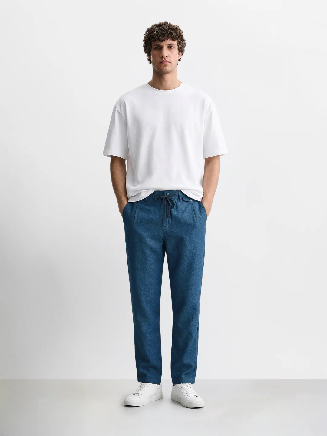 Men's Blue Regular Fit Solid Casual Trousers - Image 5
