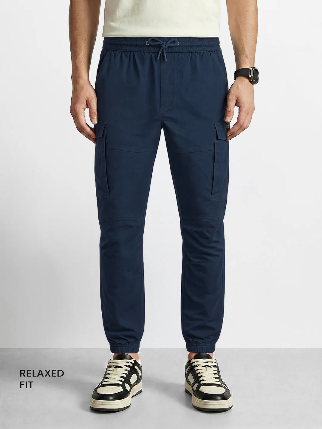 Men's Blue Regular Fit Solid Utility Cargo - Image 2
