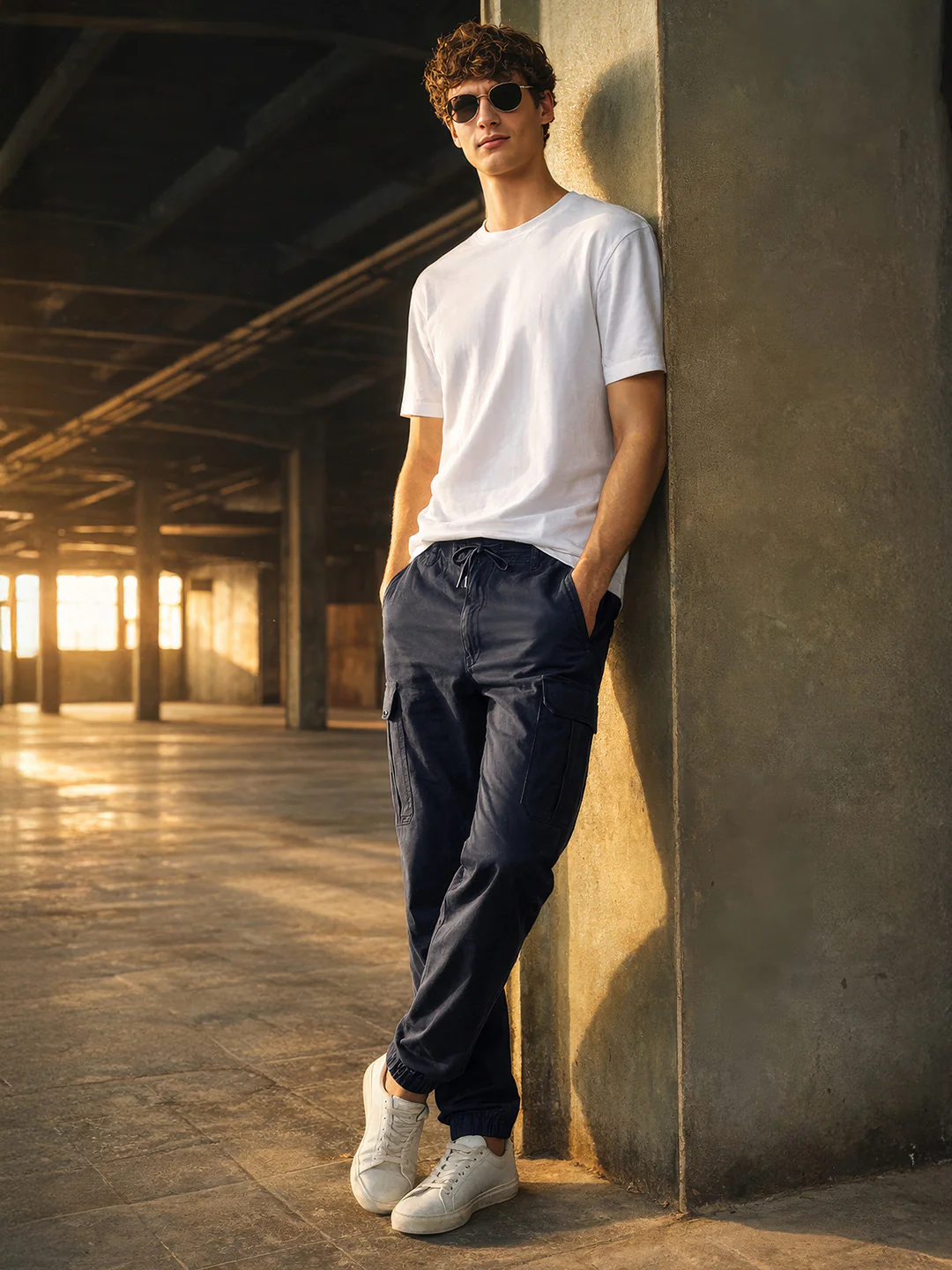 Men's Blue Regular Fit Solid Utility Cargo - Image 4