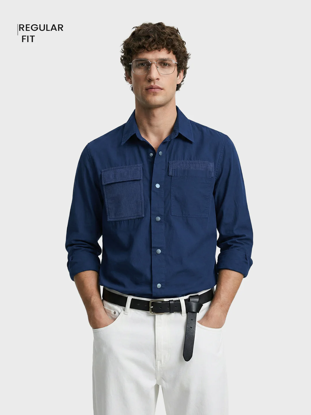 Men's Blue Regular Fit Solid Utility Shirt - Image 2