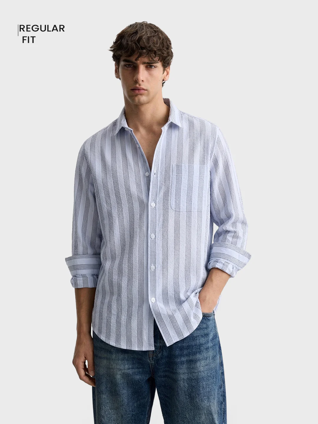 Men's Blue Regular Fit Striped Casual Shirt - Image 2