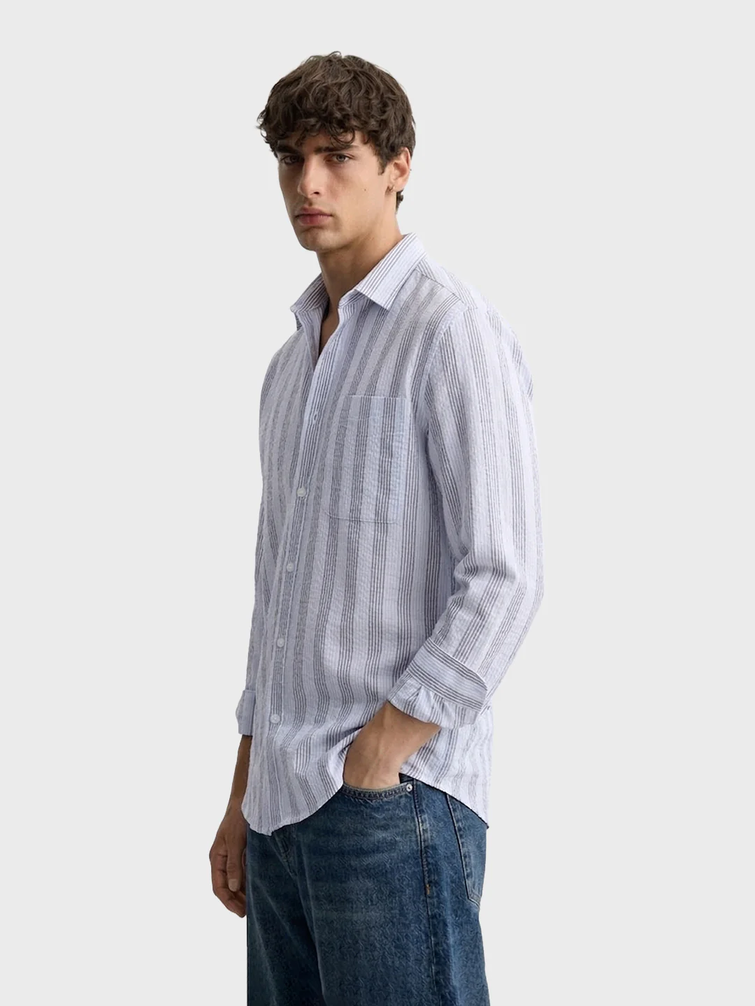 Men's Blue Regular Fit Striped Casual Shirt - Image 4