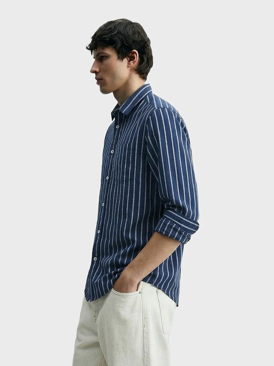 Men's Blue Regular Fit Striped Casual Shirts - Image 4