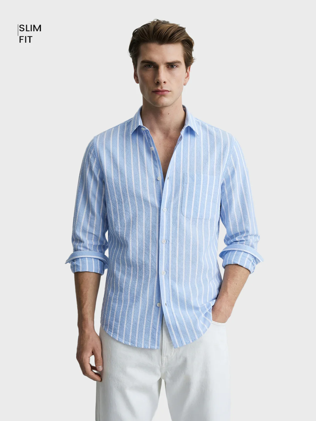 Men's Blue Regular Fit Striped Casual Shirts - Image 2
