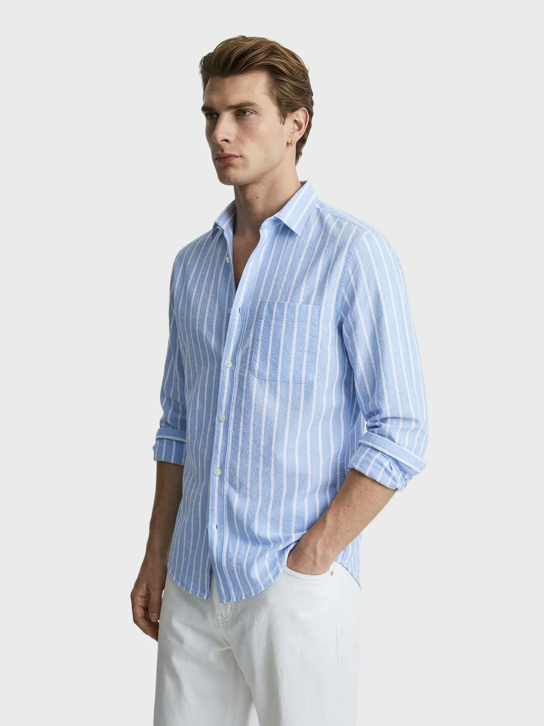 Men's Blue Regular Fit Striped Casual Shirts - Image 3