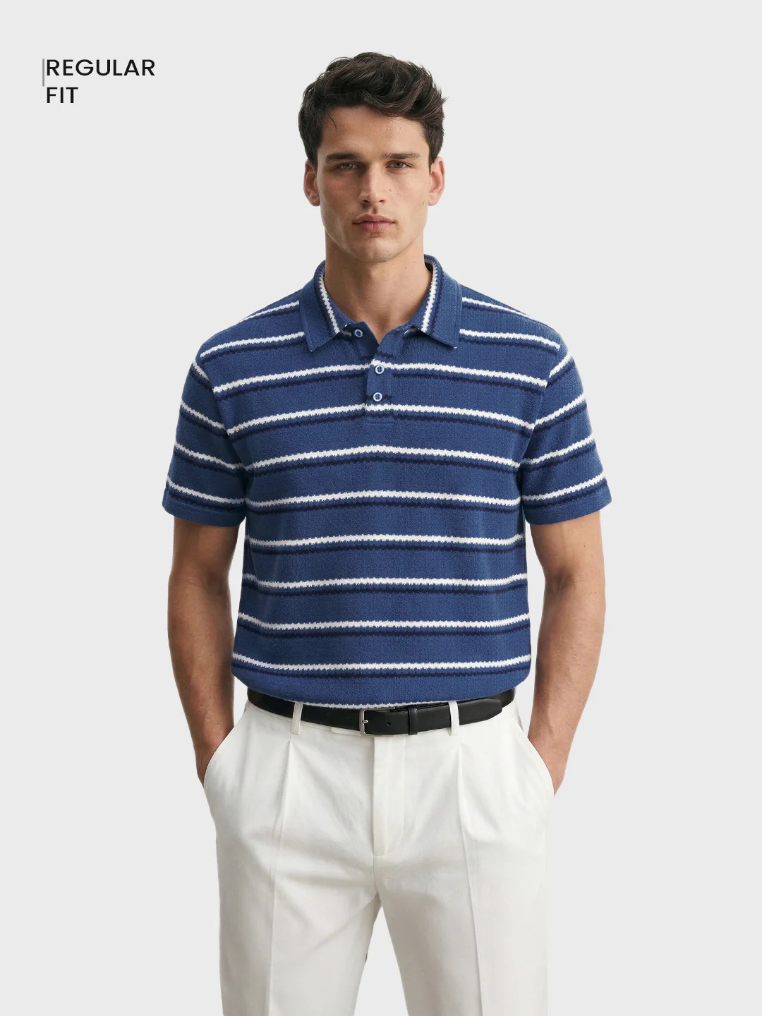 Men's Blue Regular Fit Striped Casual T-Shirt - Image 2